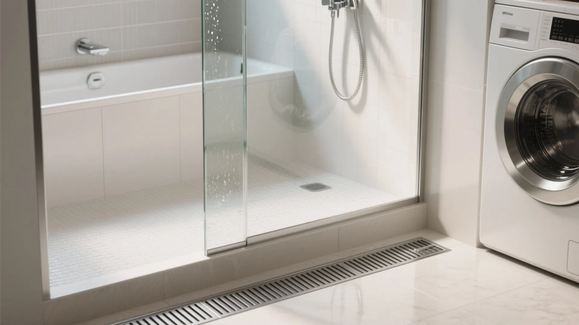 Bathroom shower area with glass door white bathtub floor drain and washing machine in white setting