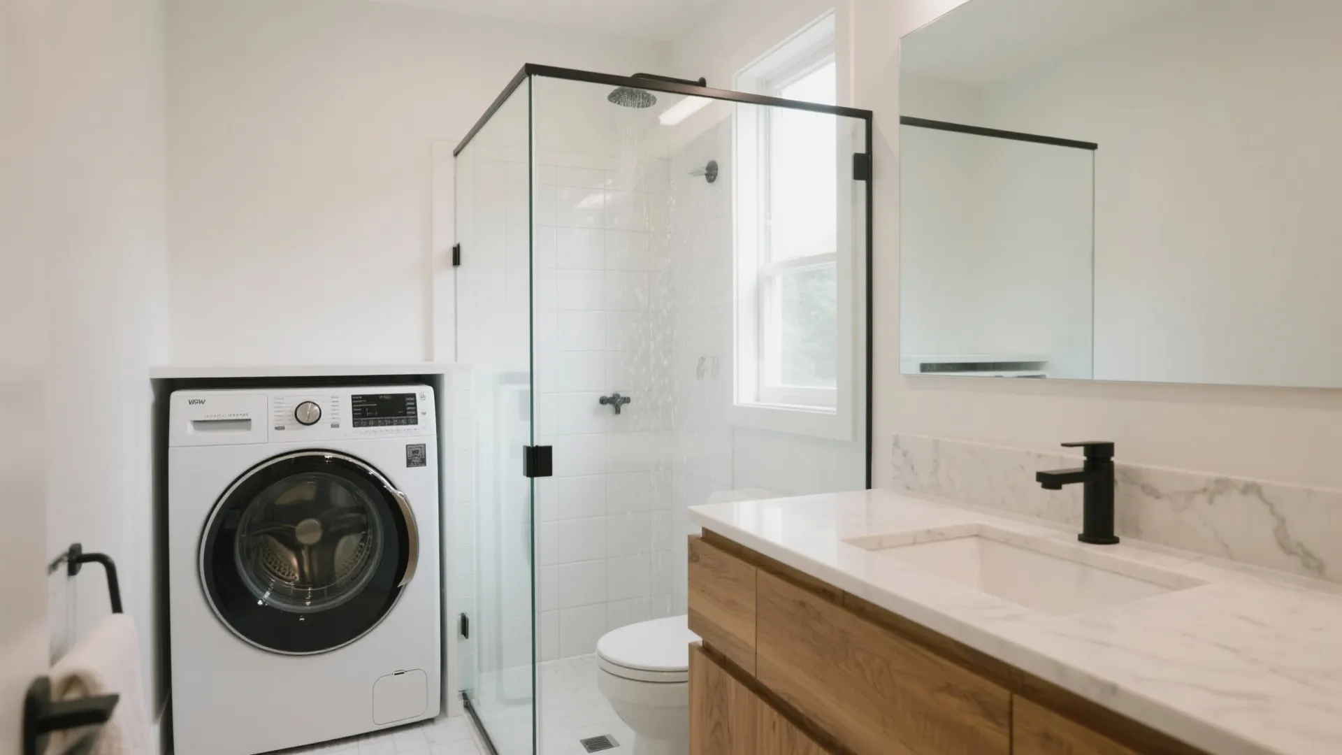 White washing machine next to glass shower box with wood vanity and marble sink in bathroom