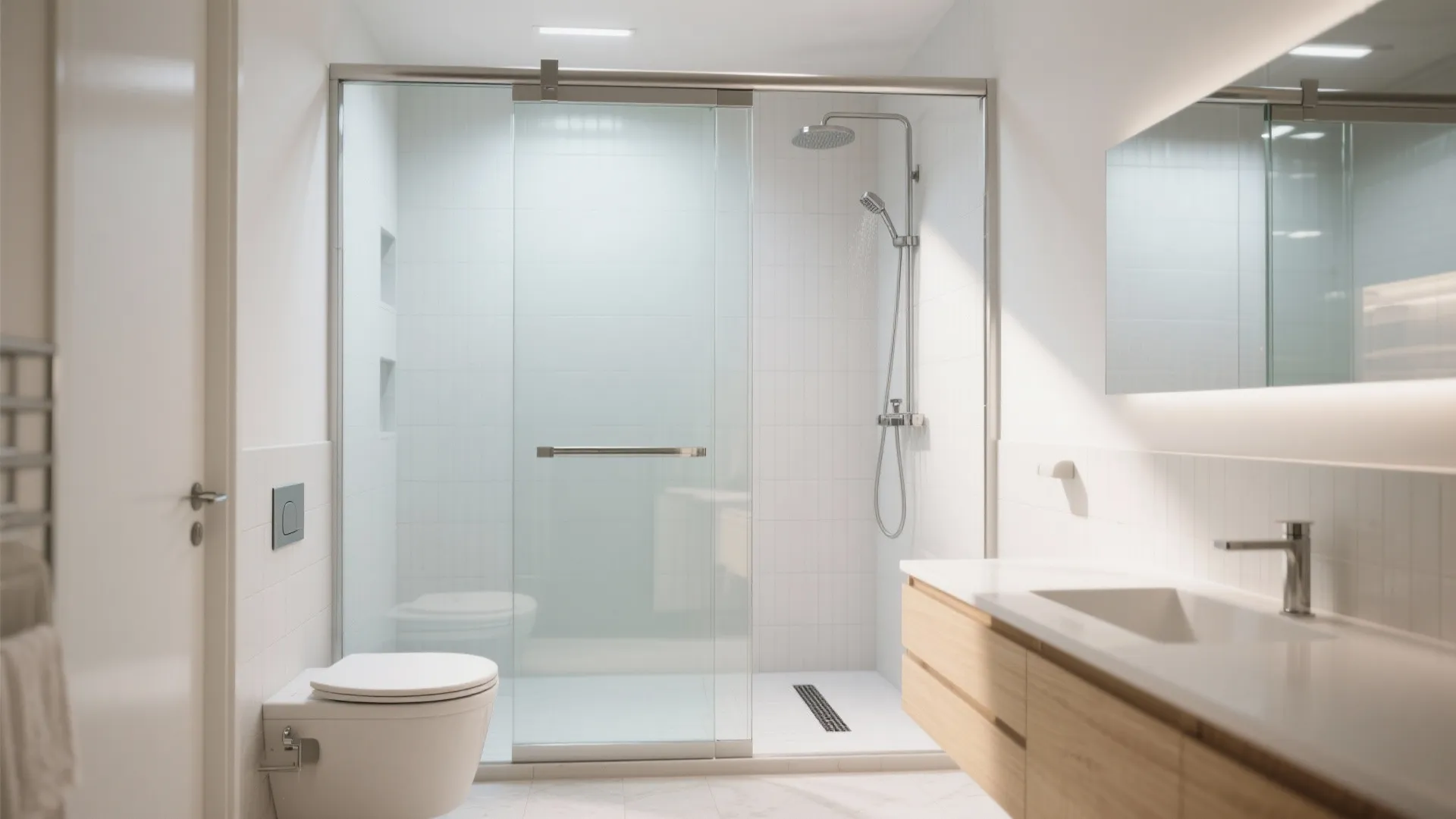 Modern bathroom with glass shower door, white toilet, wood cabinet, sink, and bright light fixtures