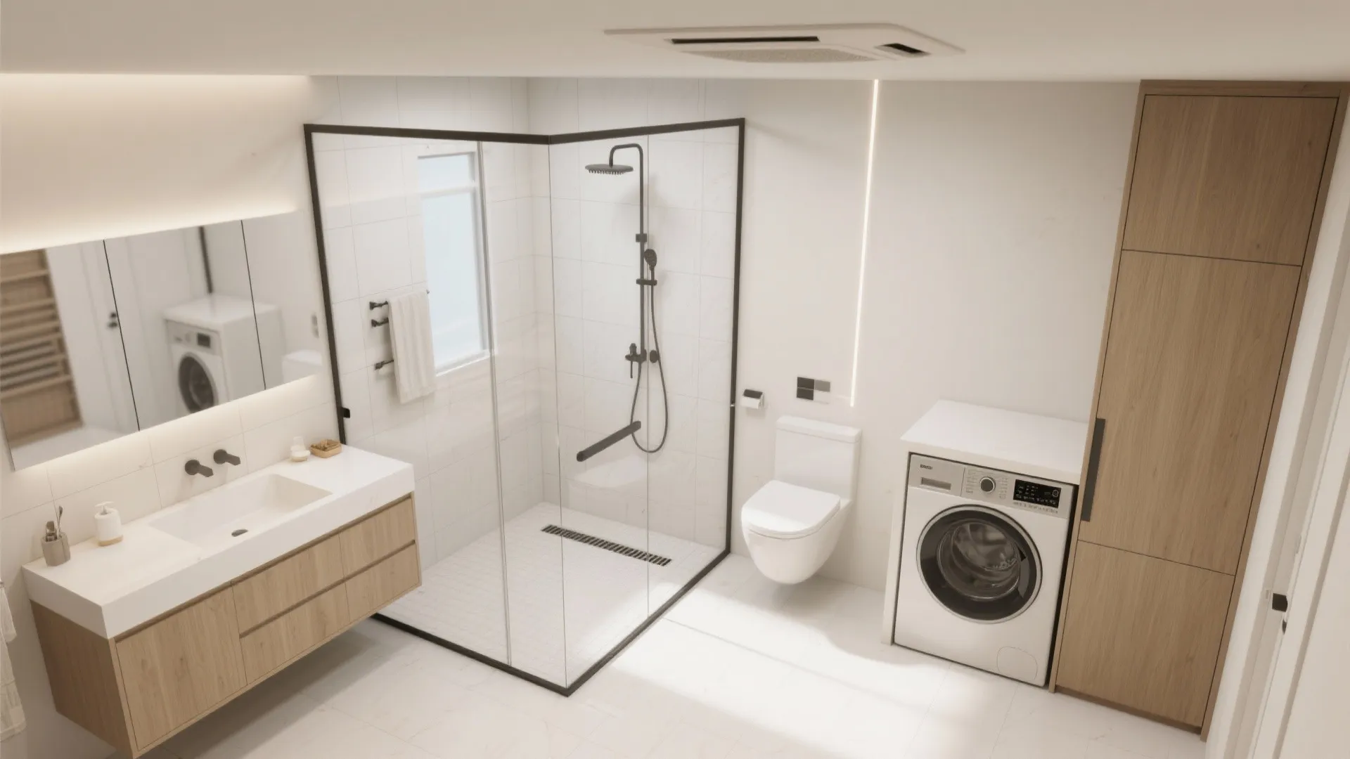 Modern bathroom with glass shower cabin wooden vanity white toilet and washing machine under wood cabinet