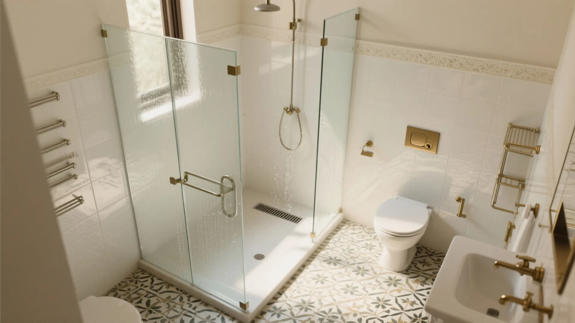 Bright bathroom interior with glass shower screen white toilet gold fixtures and patterned floor tiles