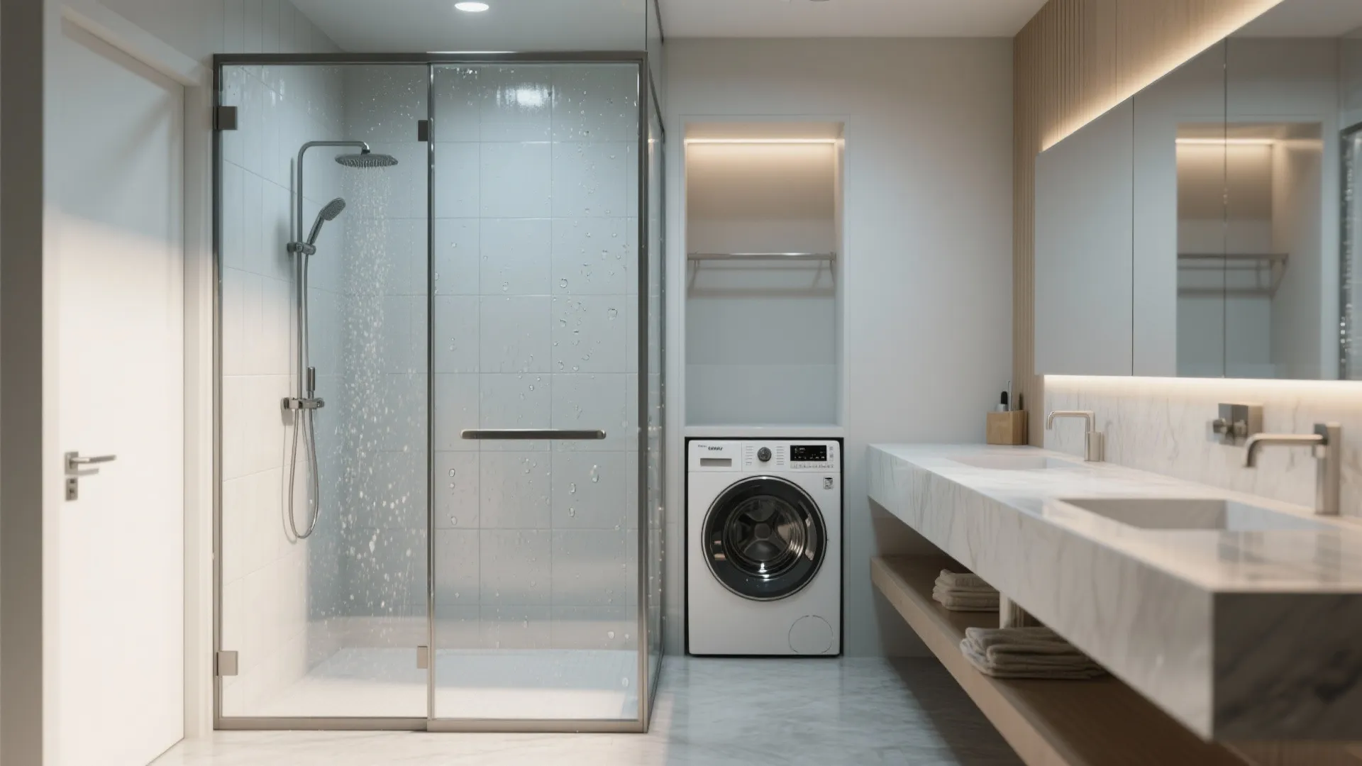 Wet-Zone Partition with Glass Panel for Visual Flow