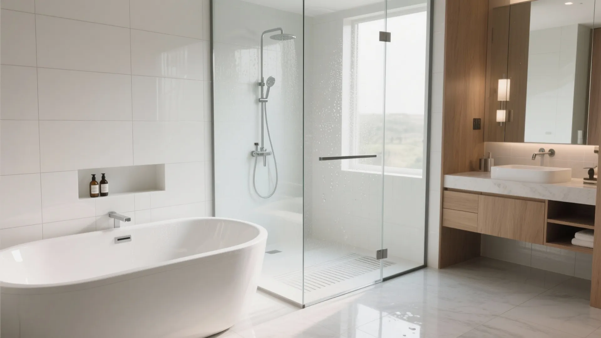 Modern bathroom featuring white bathtub glass shower area wooden cabinet sink and large marble floor tiles