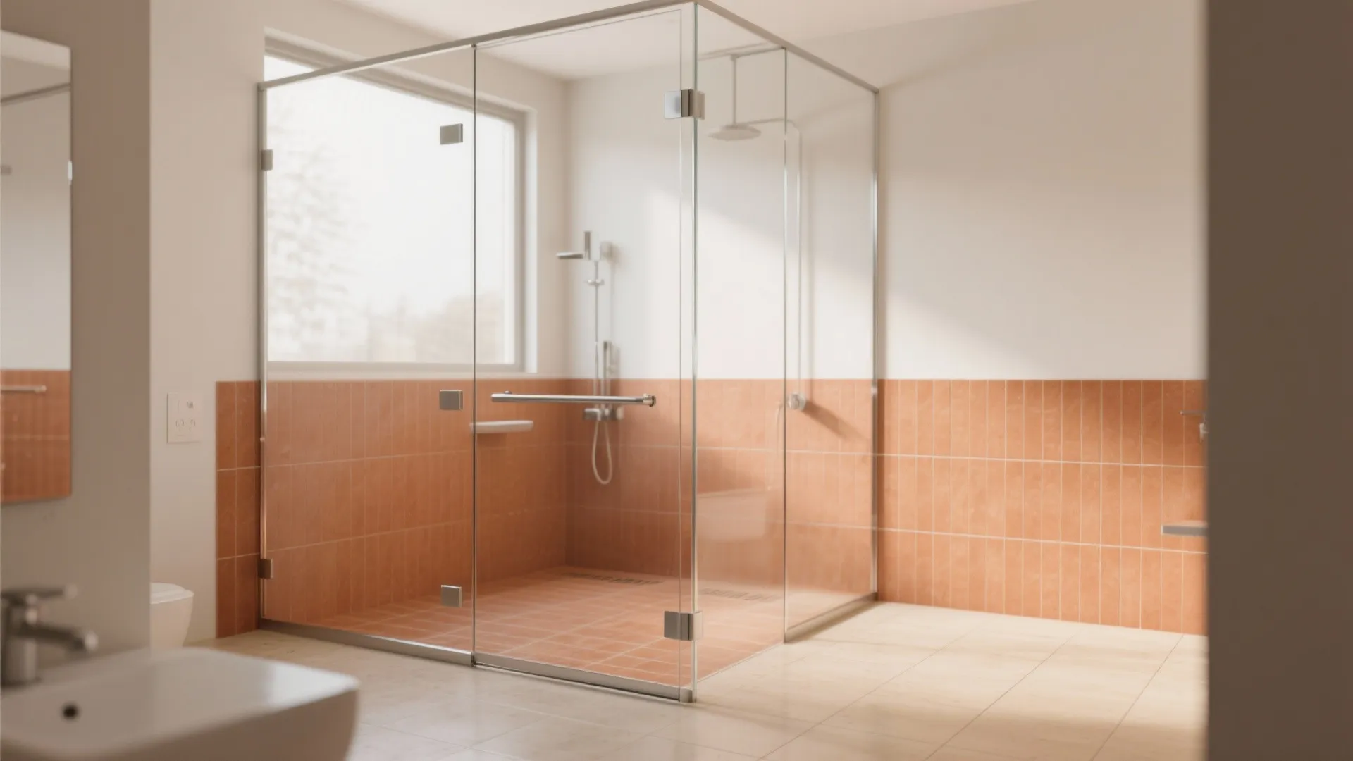 Large glass walk in shower with terracotta wall tiles window and silver light fixture in bathroom