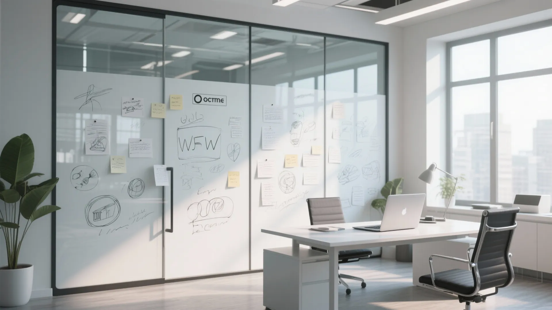 Modern office interior with white desk black chair and large glass wall with notes sketches
