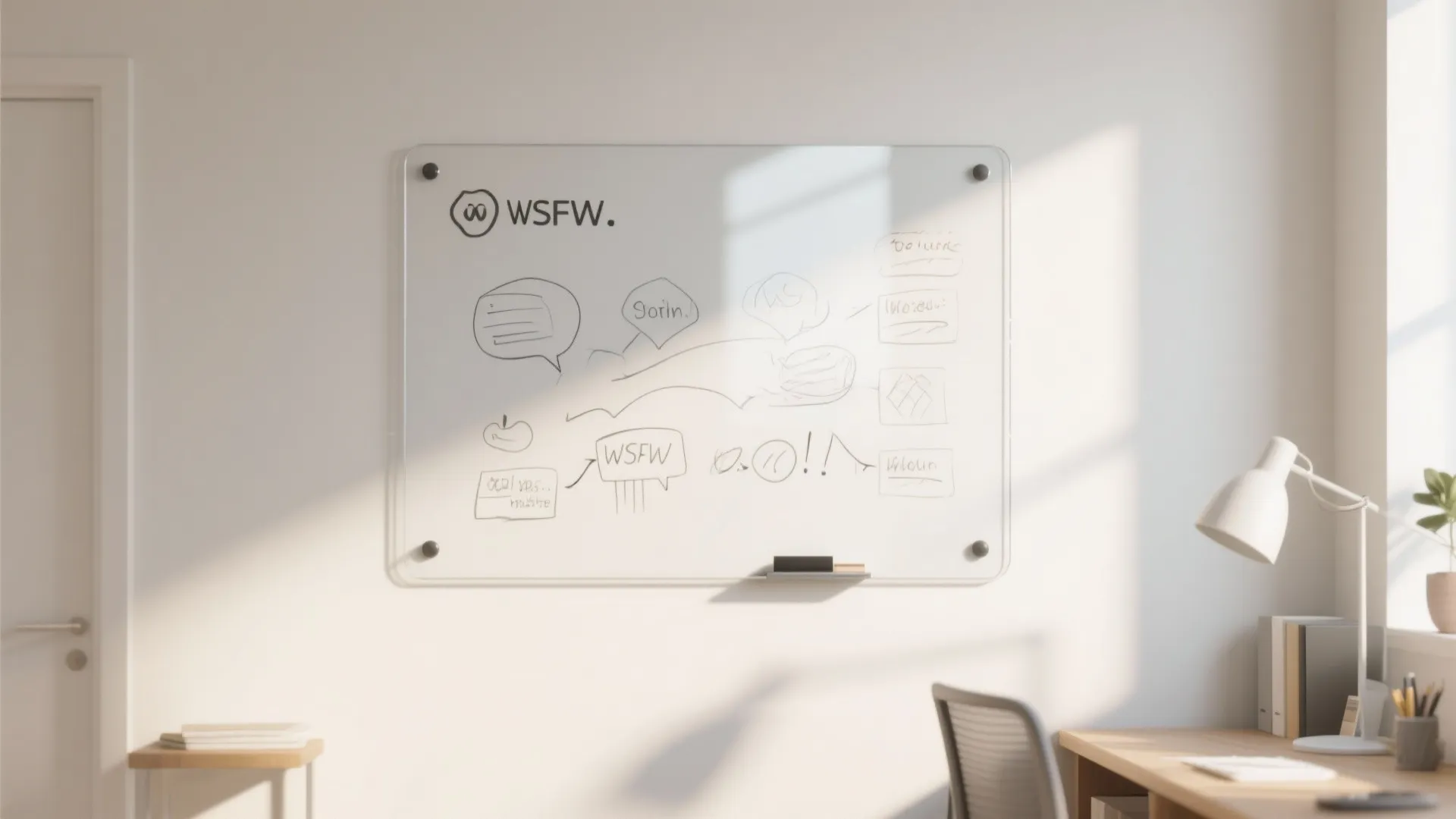 Clear glass dry erase board mounted on white wall above home office desk with lamp