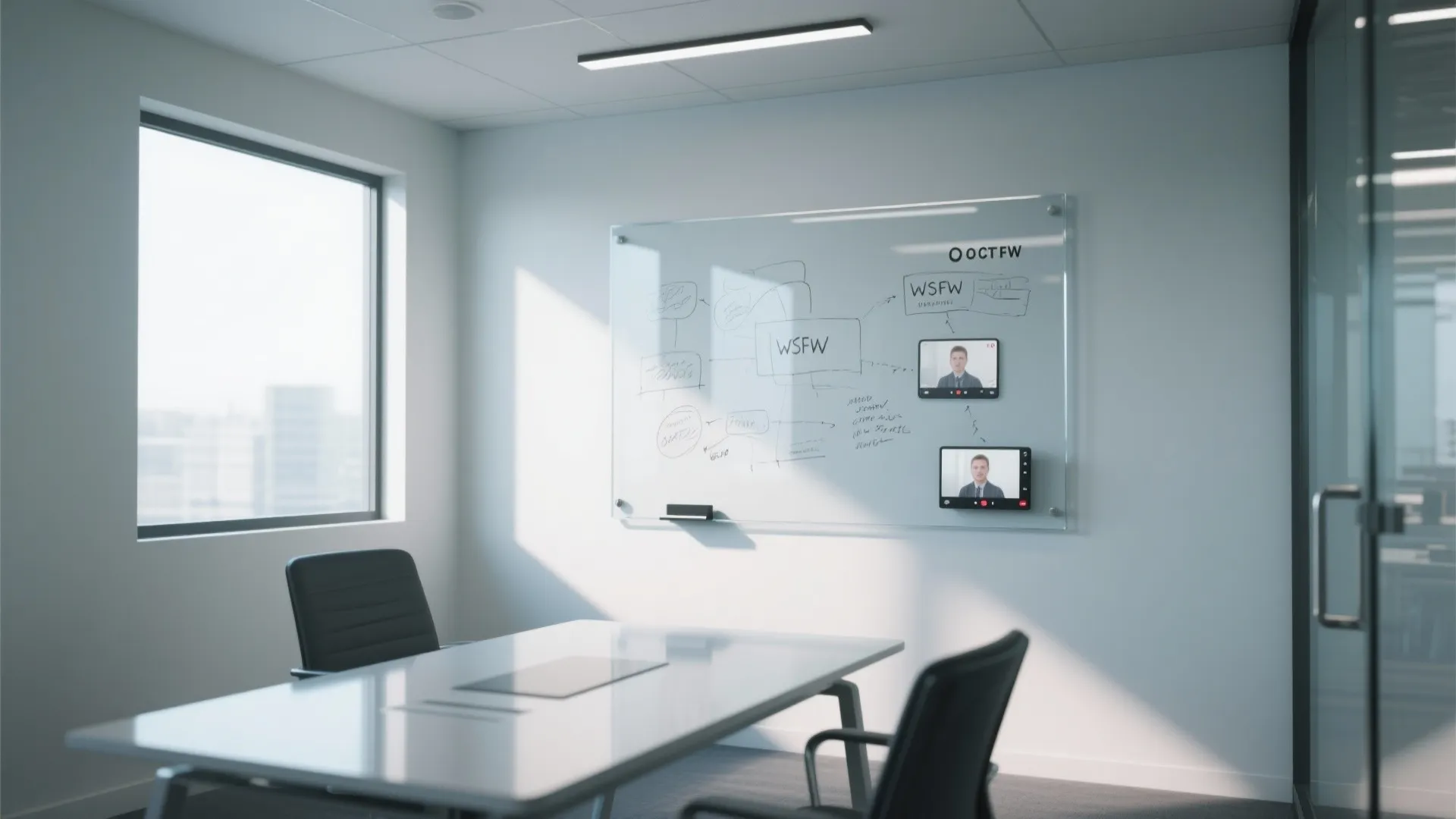 Modern office meeting room with glass whiteboard white table black chairs and large window view