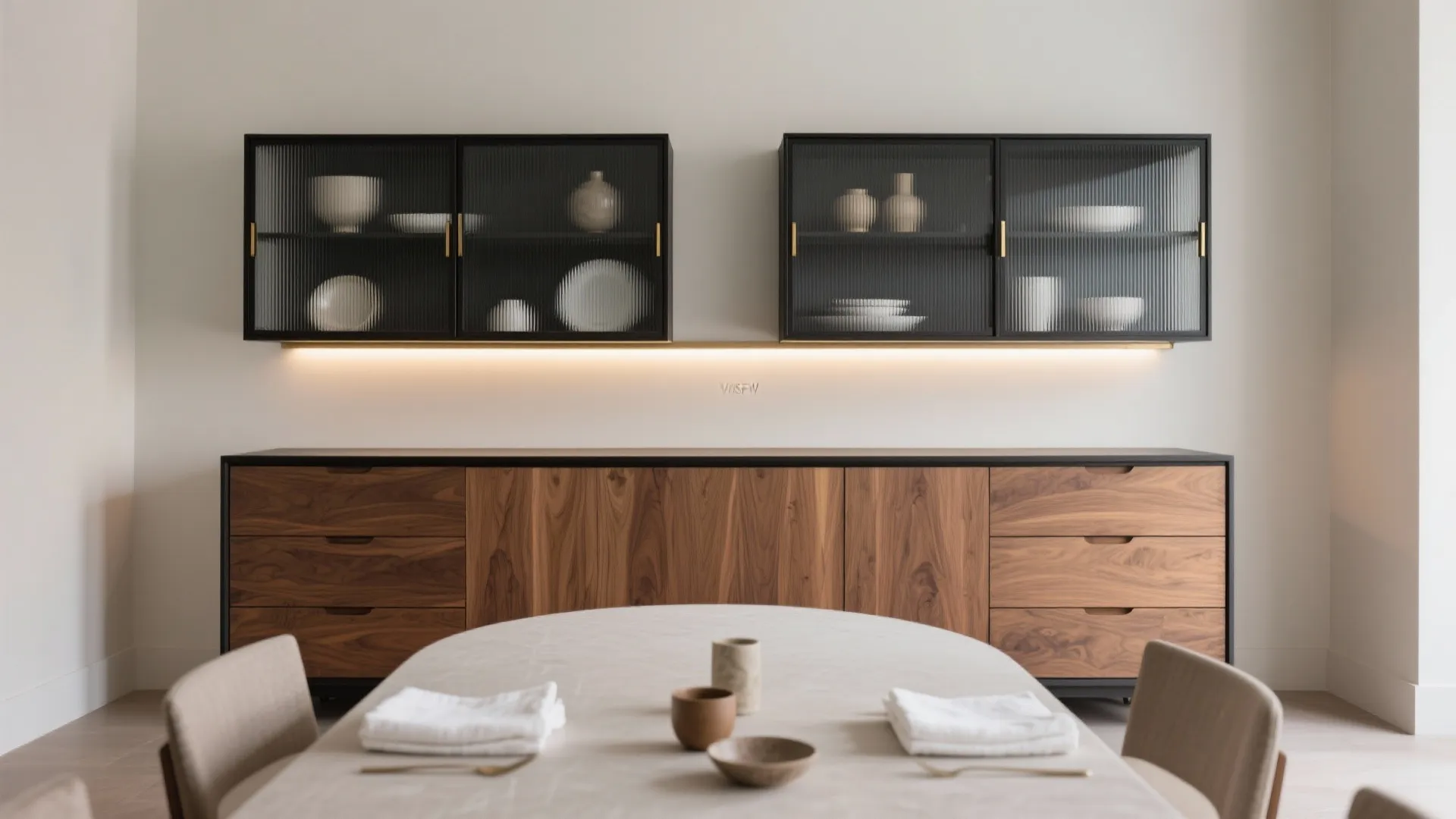 Dining room with wooden cabinet black wall hanging glass boxes white table and warm lighting