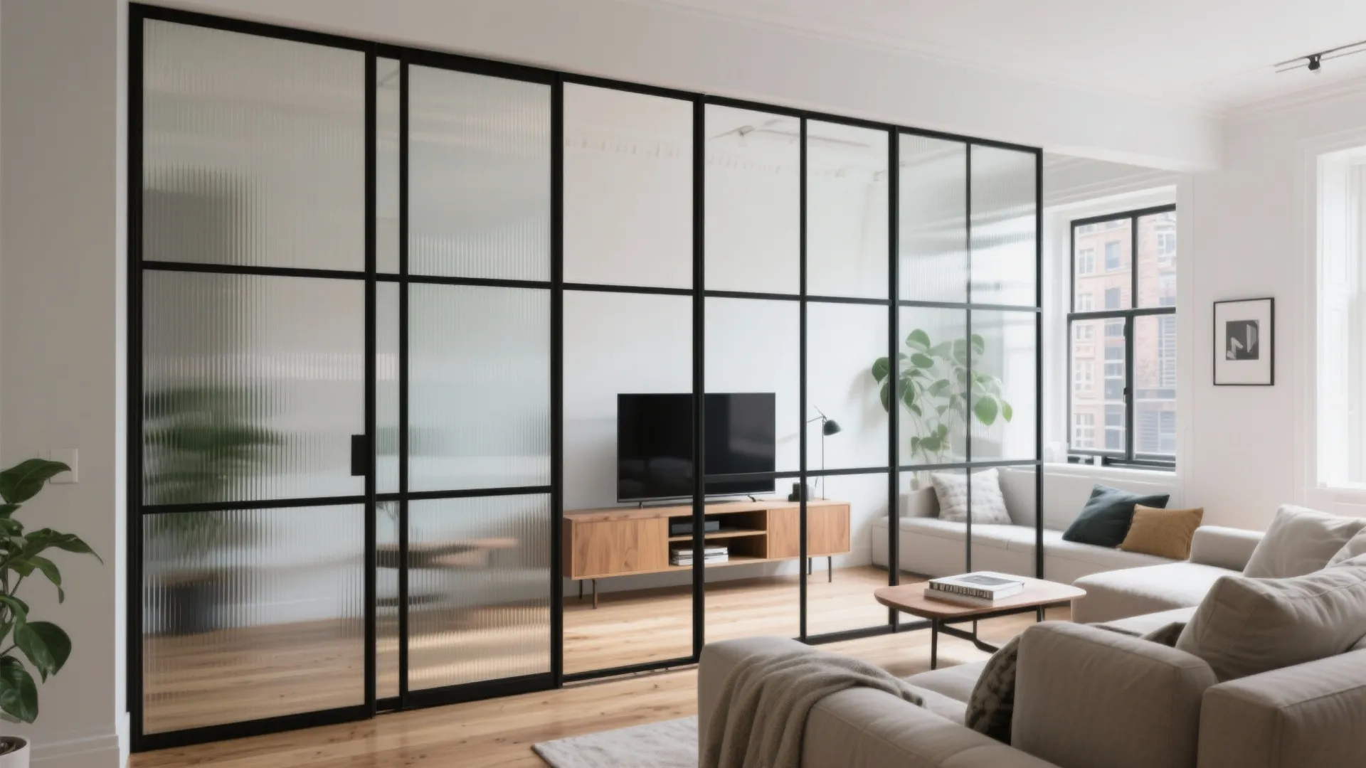 Crittall-style glass divider with slim black mullions zoning a bright living room into TV and reading areas.