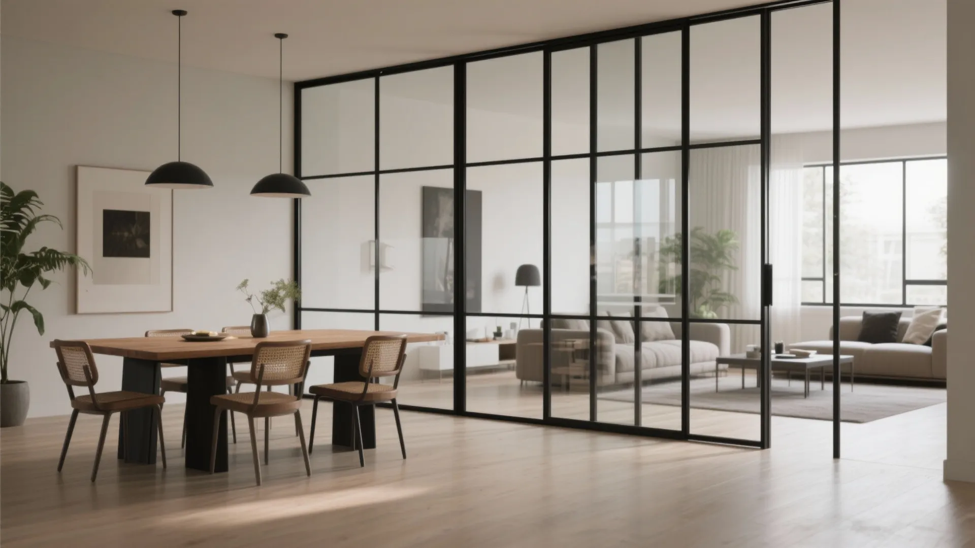 Modern dining room with black metal glass doors separating the space from a bright living room