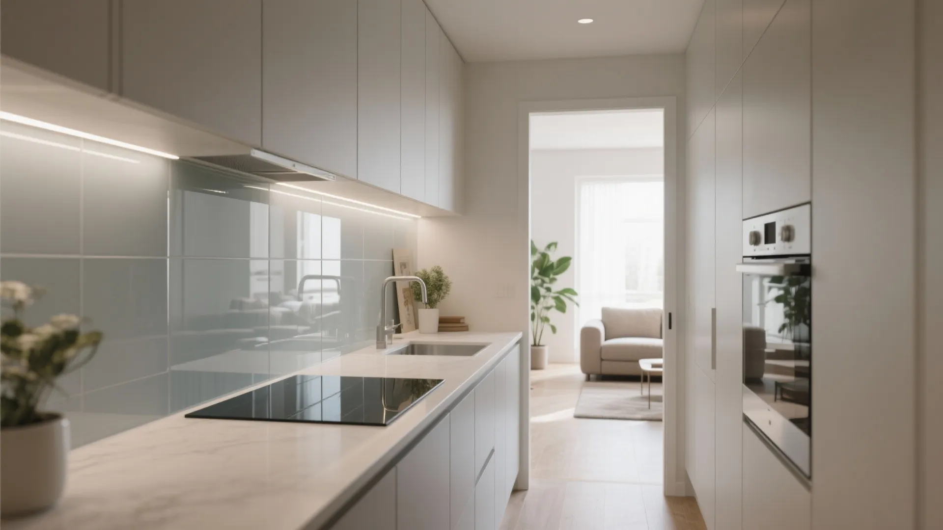 Glass backsplash and reflective accents for a brighter feel