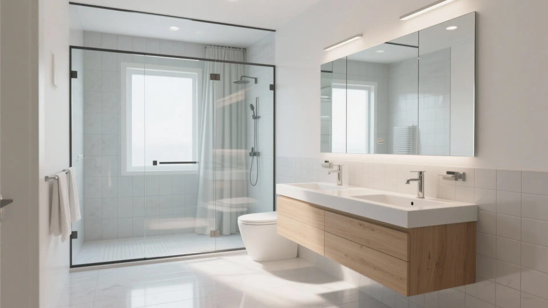 1) Clear Glass Shower + Reflective Surfaces for Visual Width