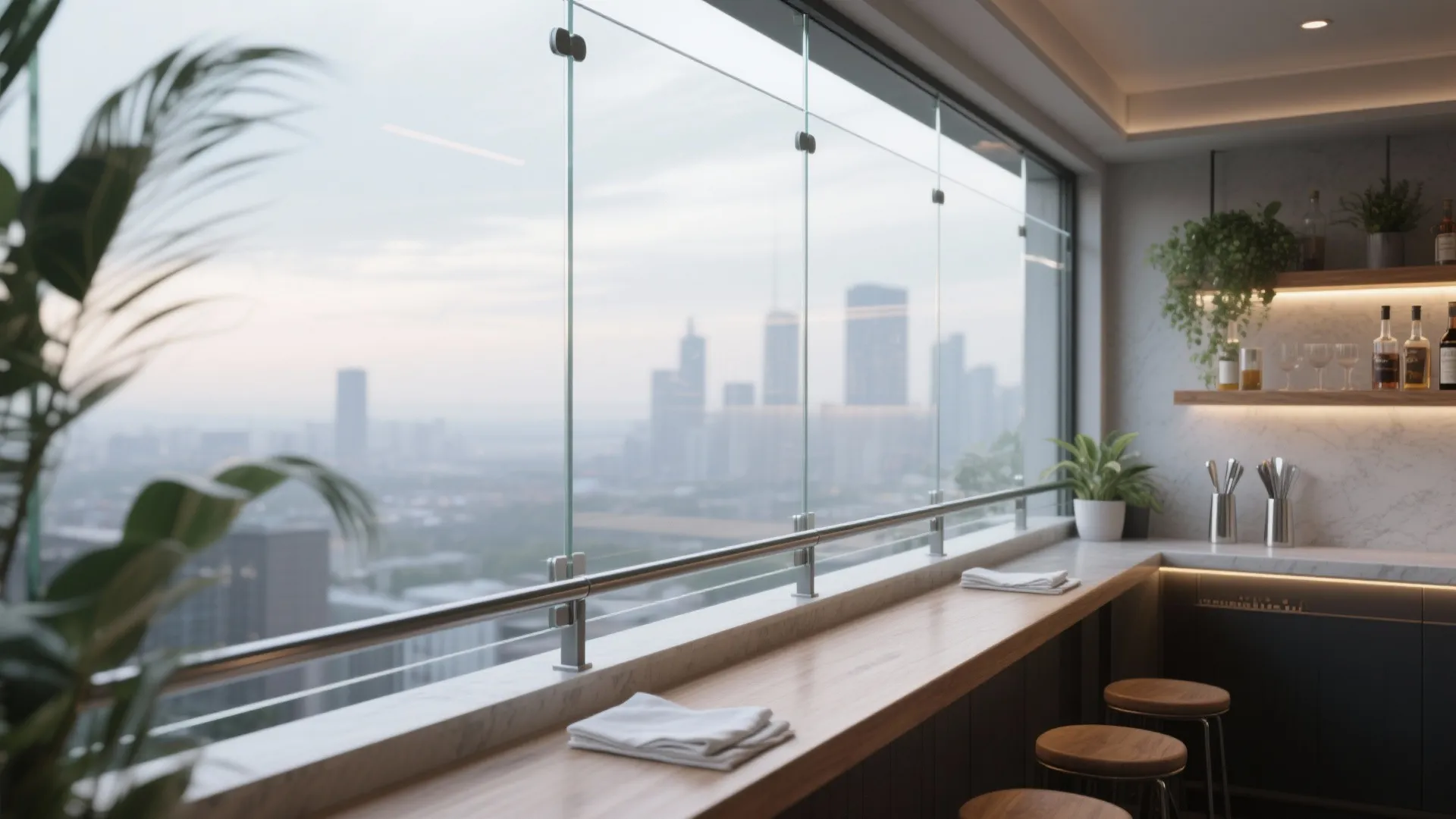 Balcony with clear glass windbreak and a slim back bar shelf, preserving the skyline view.