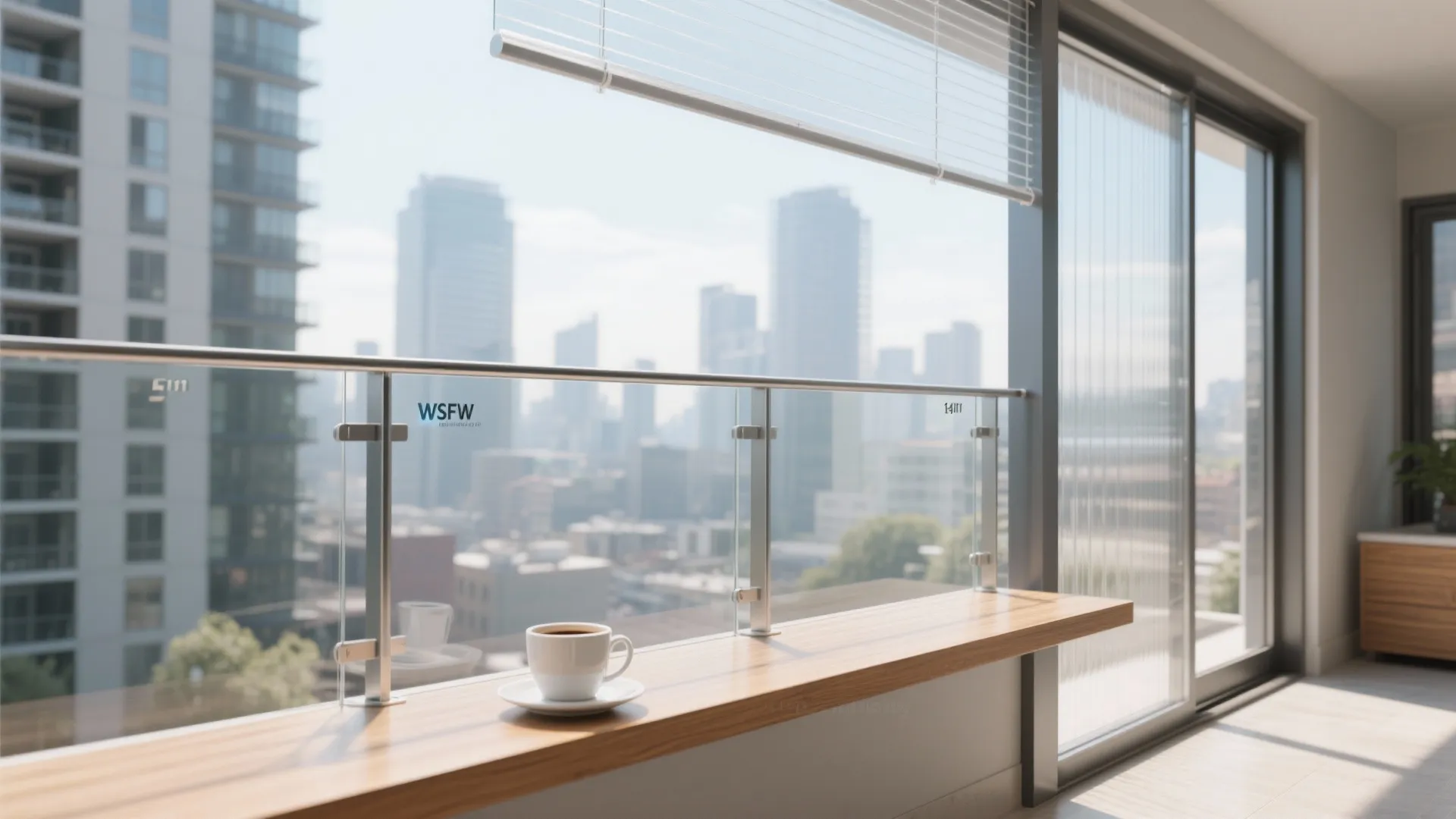 Modern apartment balcony with glass railing wooden counter coffee cup and city view through windows
