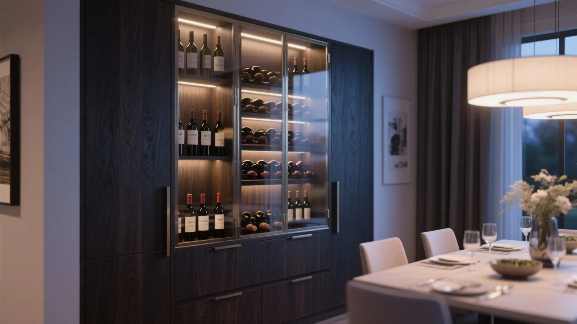 Glass-front wine storage built into dining room cabinetry