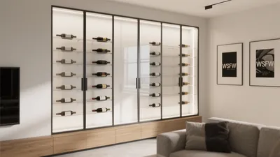 Modern Living Room with Illuminated Wine Display Wall