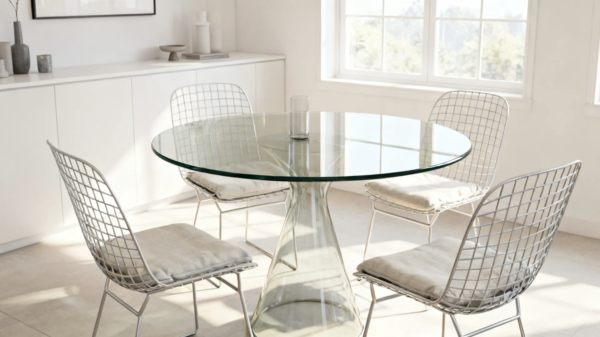 Round glass dining table with wireframe chairs and cushions in a bright modern room