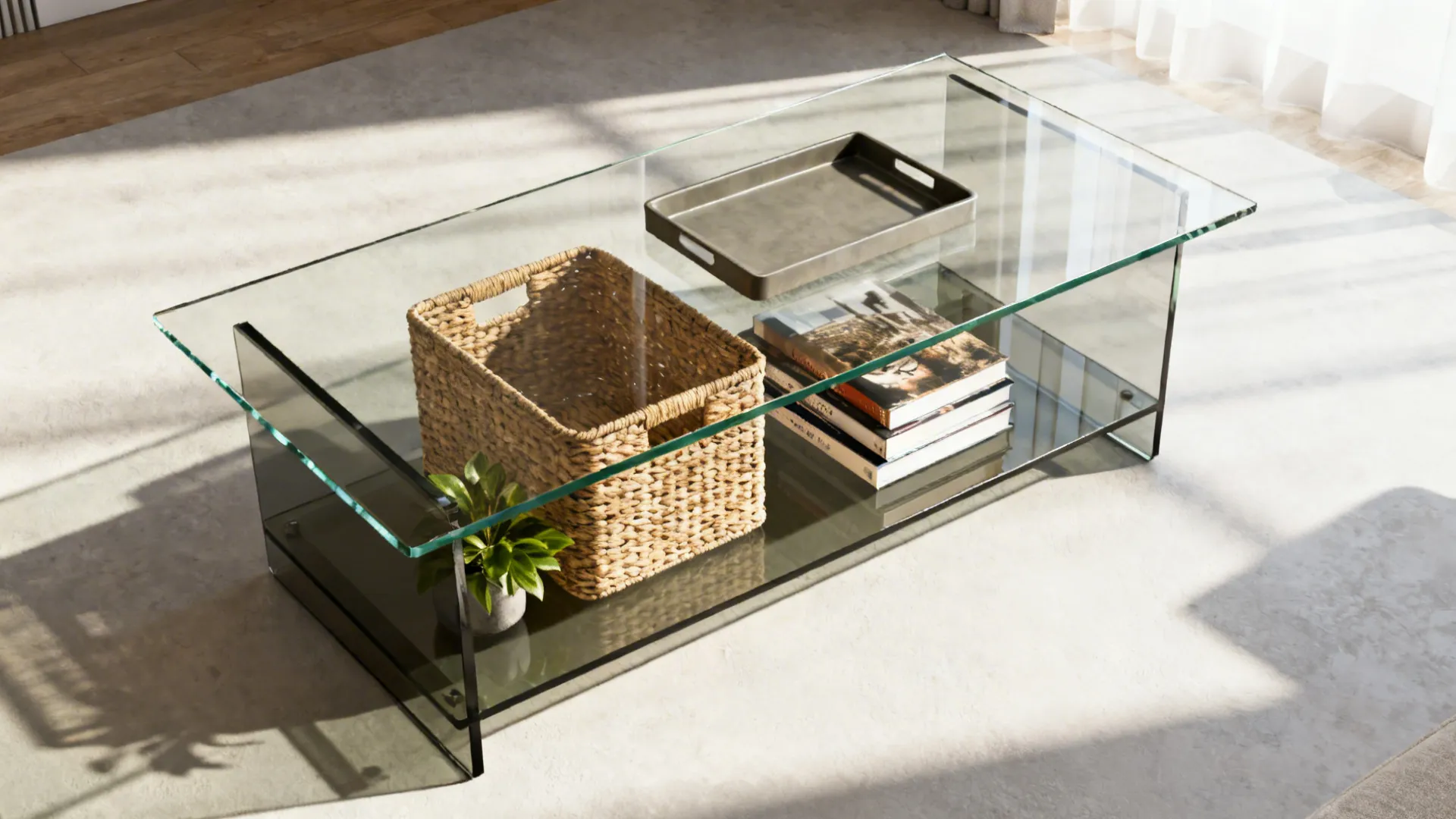 2. Glass top with built-in magazine shelf