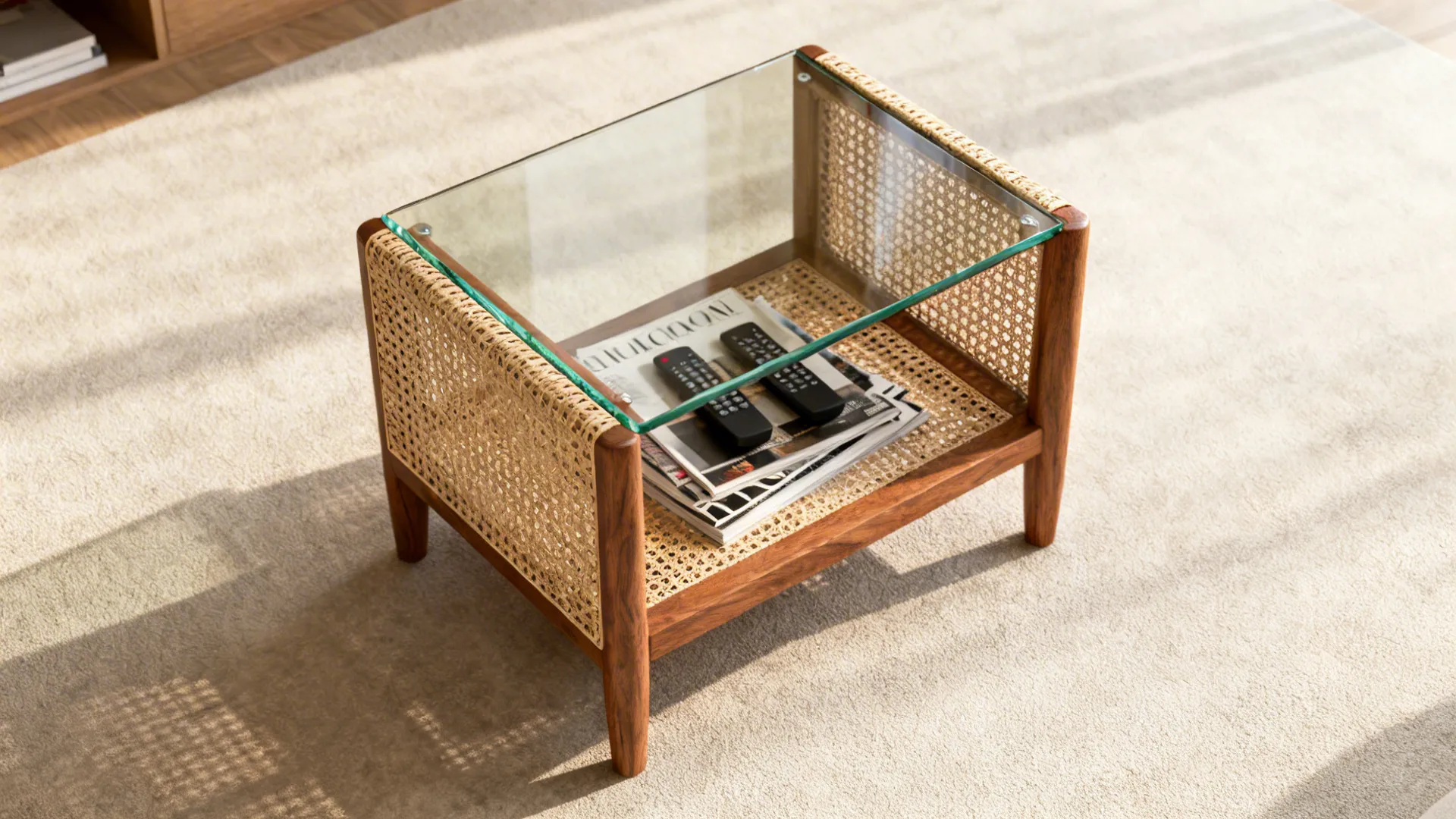 Glass-top end table with a rattan lower shelf holding magazines and remotes