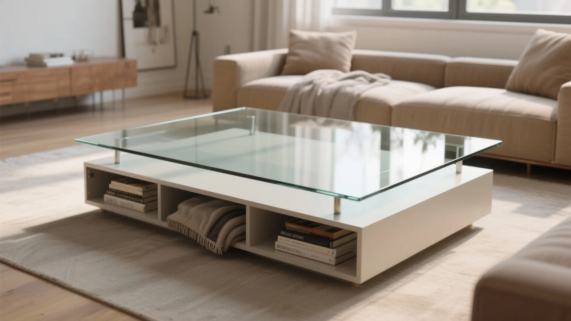 Low white cabinet with glass top used as coffee table displaying books and folded blankets inside