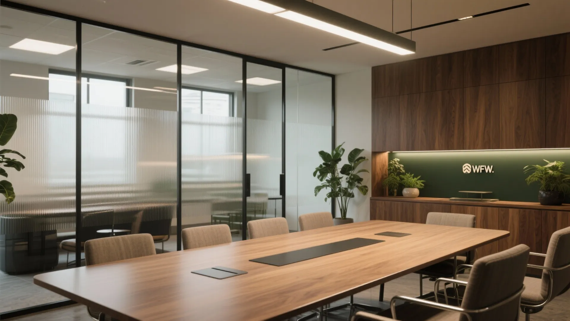 Modern conference room featuring long wooden table grey chairs glass walls and dark wood wall cabinet
