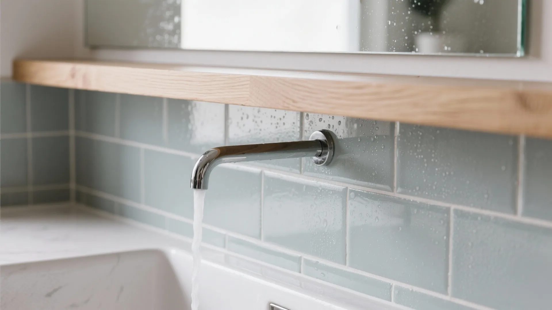 Light, reflective finishes: glass splash and warm wood accents