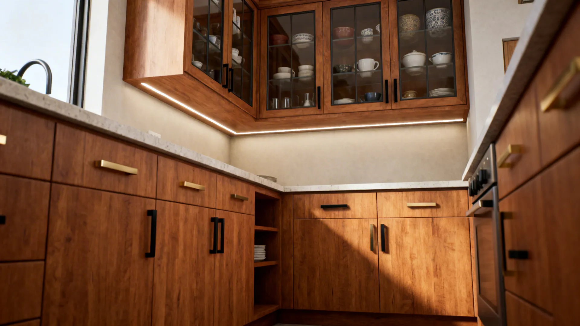 Small kitchen with glass uppers and warm oak base cabinets in a clean modern style.