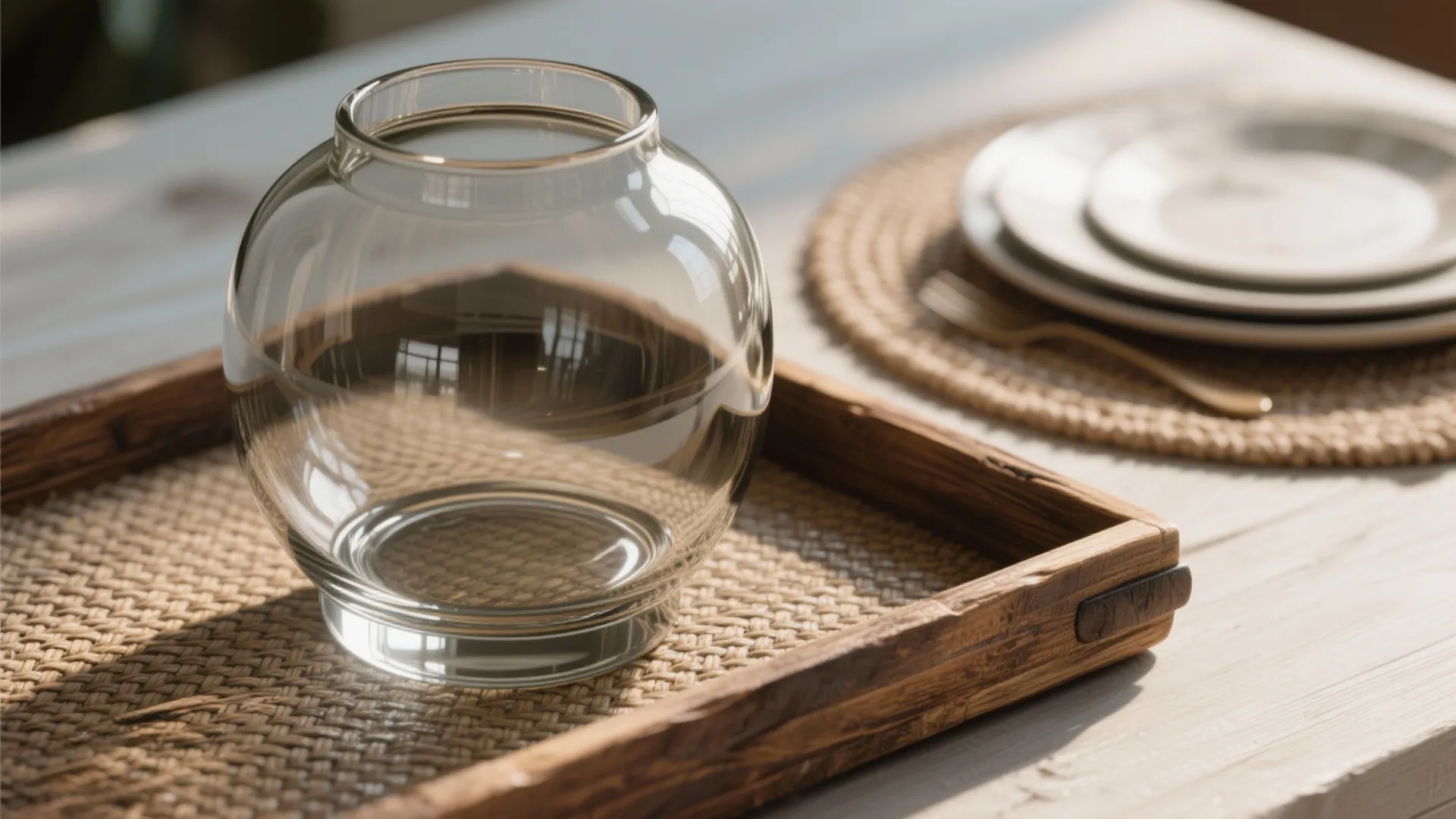 Clear glass vase sitting on a woven wooden tray with plates on a dining table