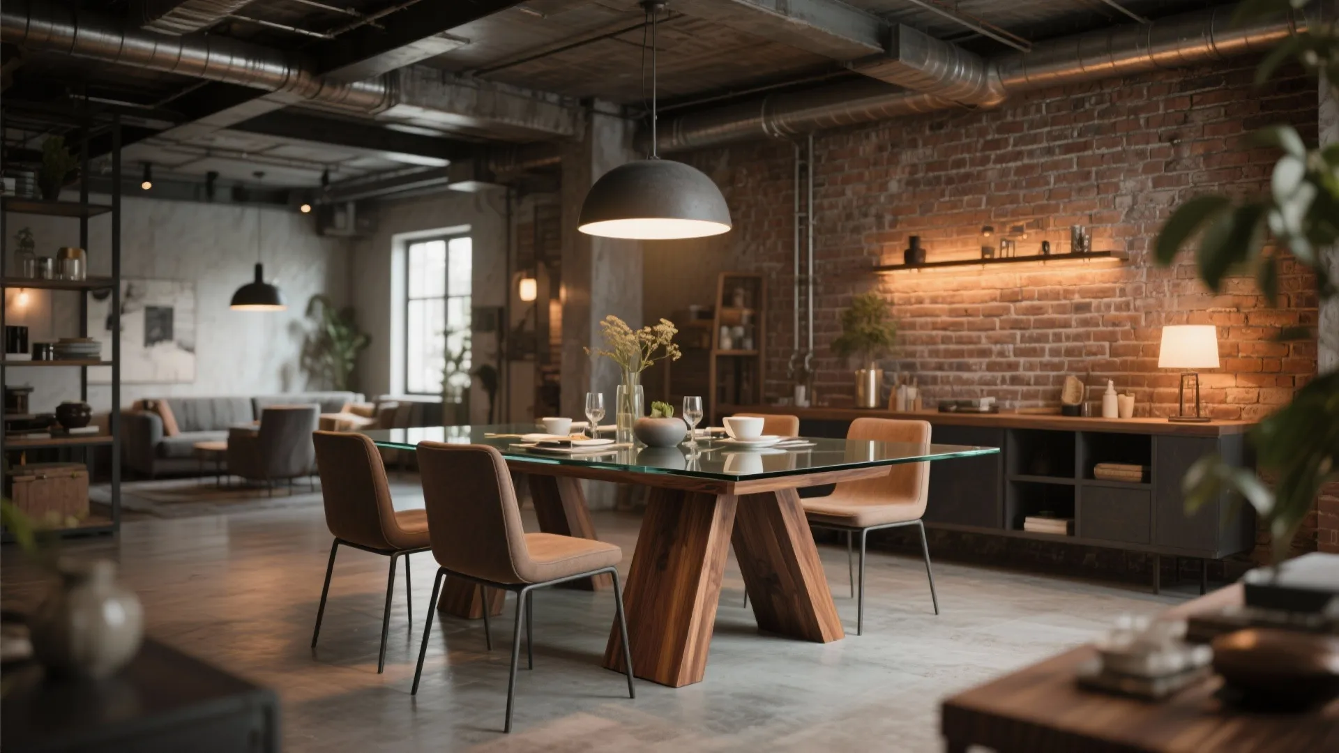 Glass Dining Table with Wooden Base