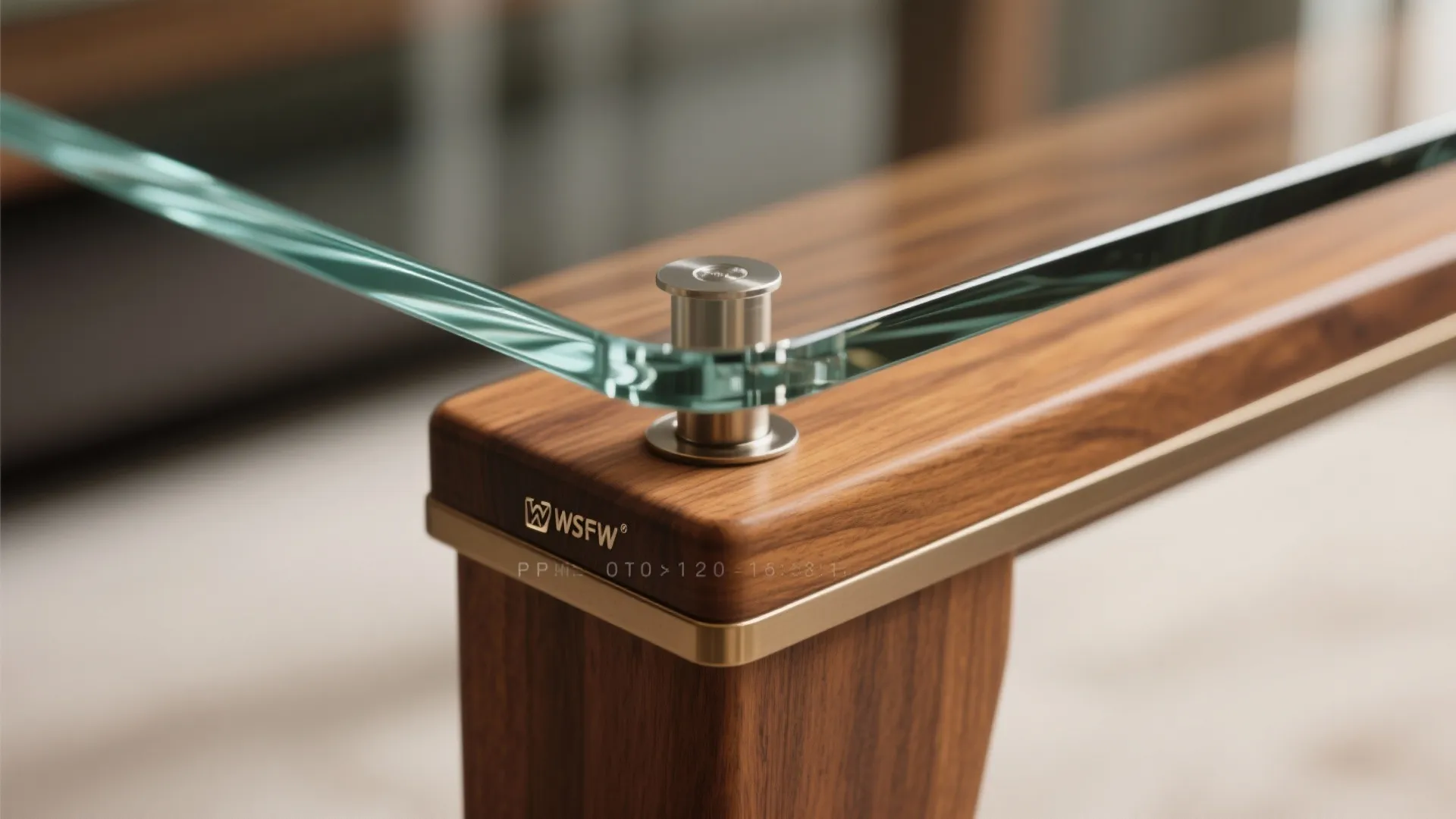 Macro detail of a tempered glass top meeting a warm wooden base, showing joinery and finishes.