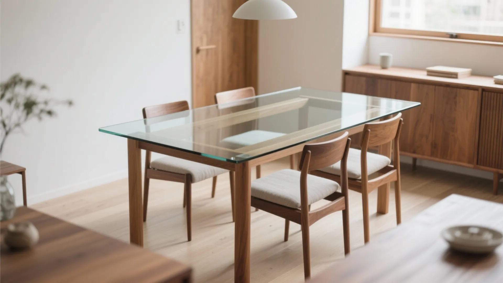 Modern dining room featuring glass top wooden table four chairs white ceiling light and cabinet