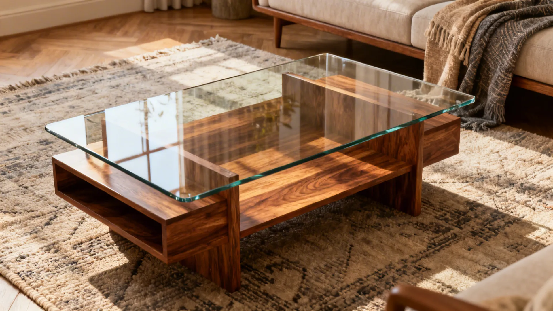 Cozy living room with a glass top coffee table resting on an open wooden base and warm textiles.