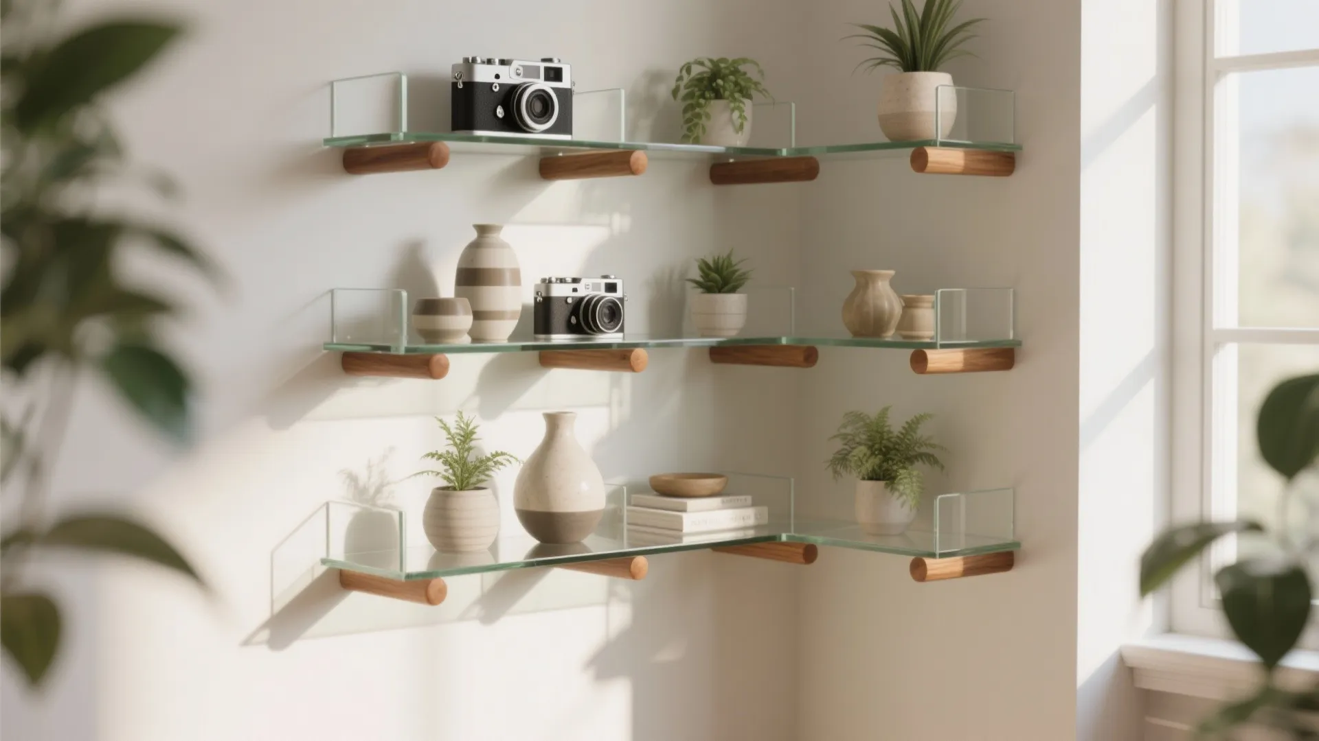 4) Glass-and-Wood Corner Display to Keep Things Airy