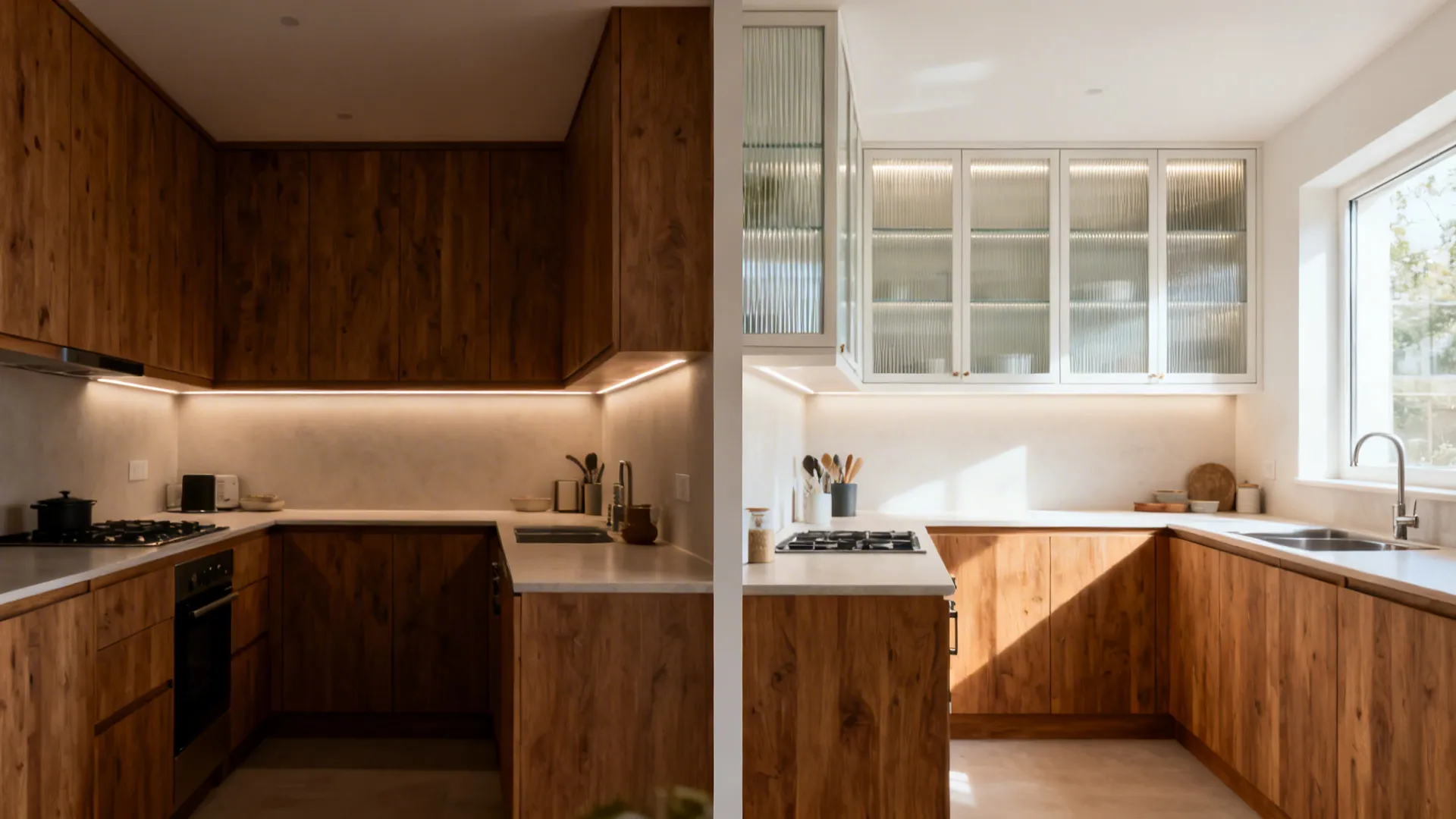 Before-and-after small kitchen showing heavy wood uppers versus reeded glass uppers with wood lowers.