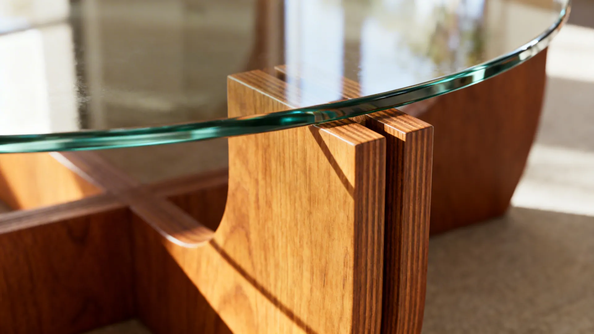 Close-up of a round coffee table with tempered glass top and warm wood base.