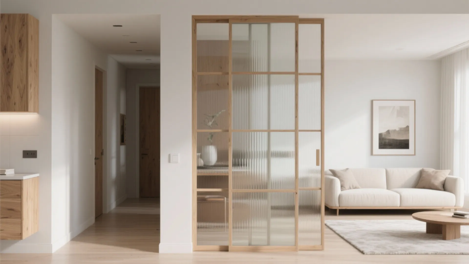 Bright interior with glass sliding door partition separating the kitchen area from the living room