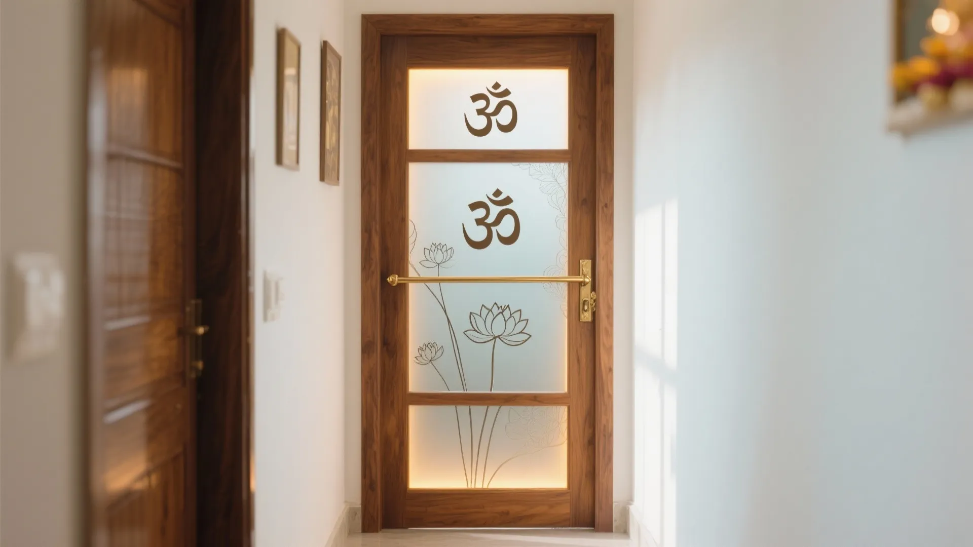Modern wood door with frosted glass panels featuring etched flower designs and symbols in white hallway