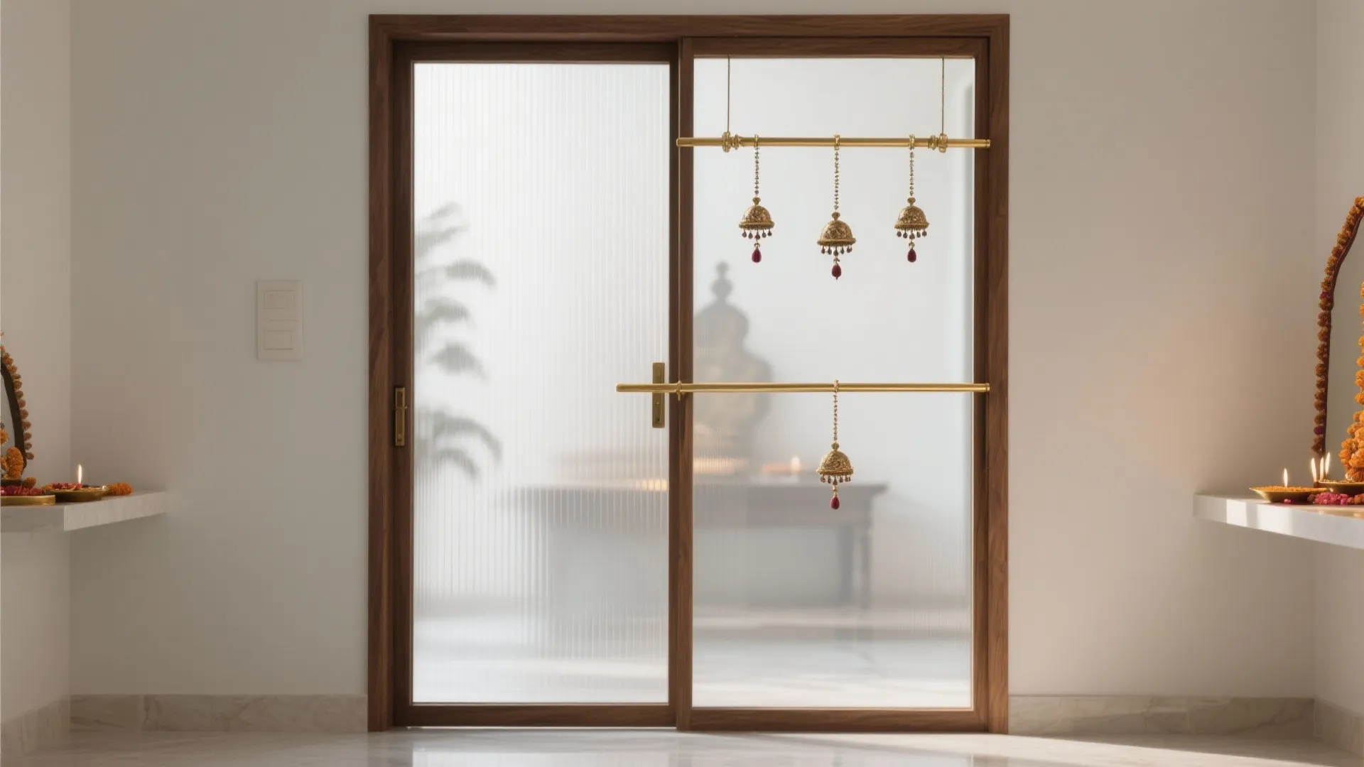 Slim wood-framed frosted glass pooja door with a brass rod suspending ghungroos.