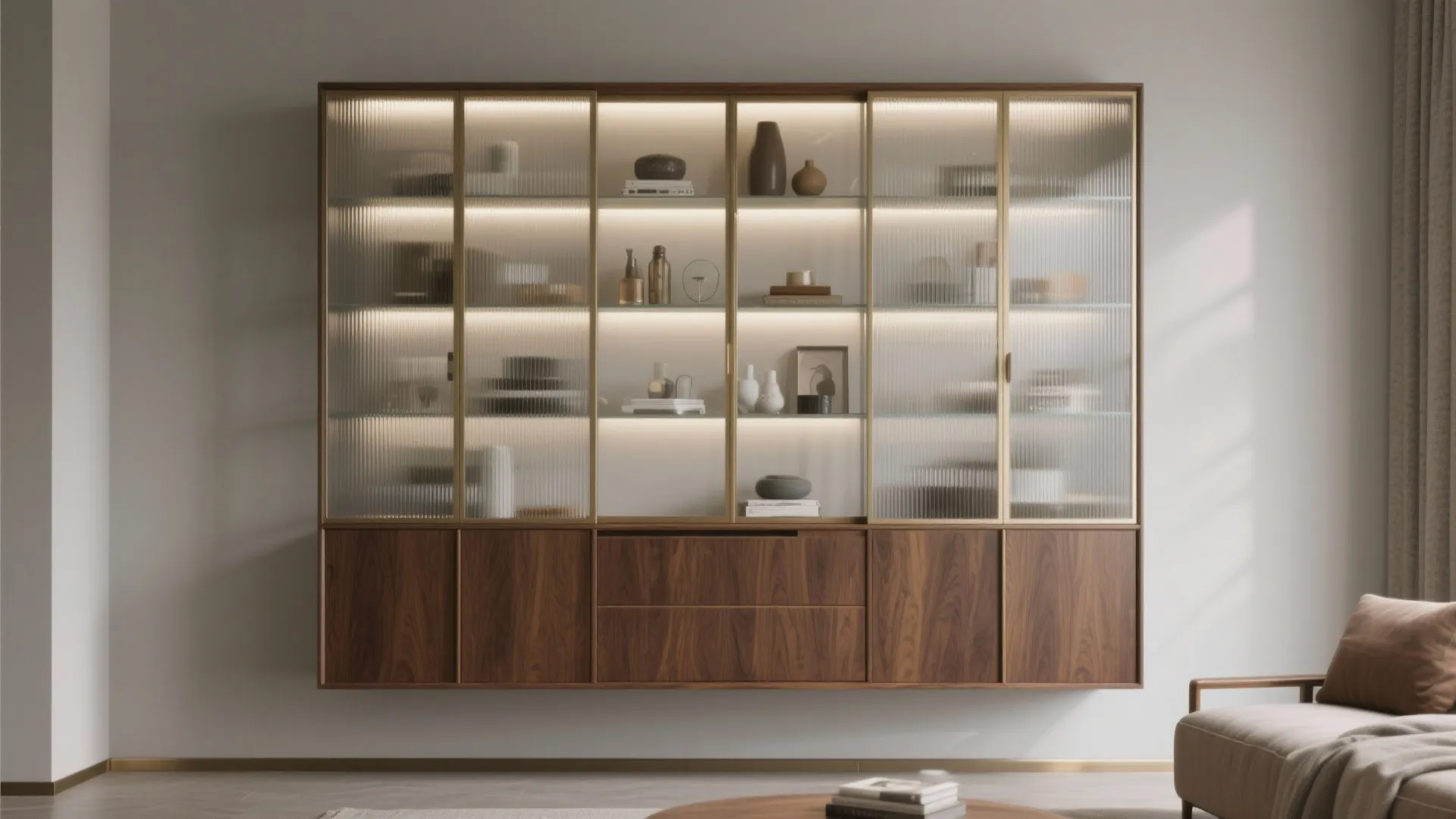Modern wood wall cabinet with glass doors and inner light shelves for displaying decorative home items