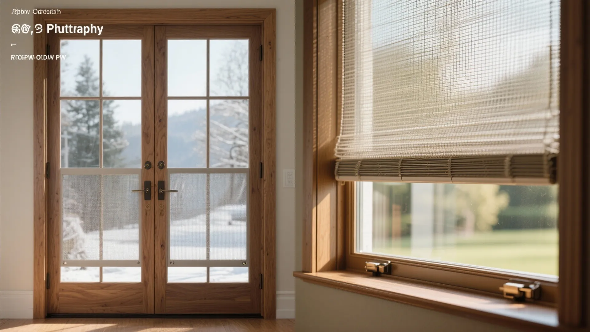 Wooden frame glass doors and window with simple fabric blinds overlooking a snowy winter landscape