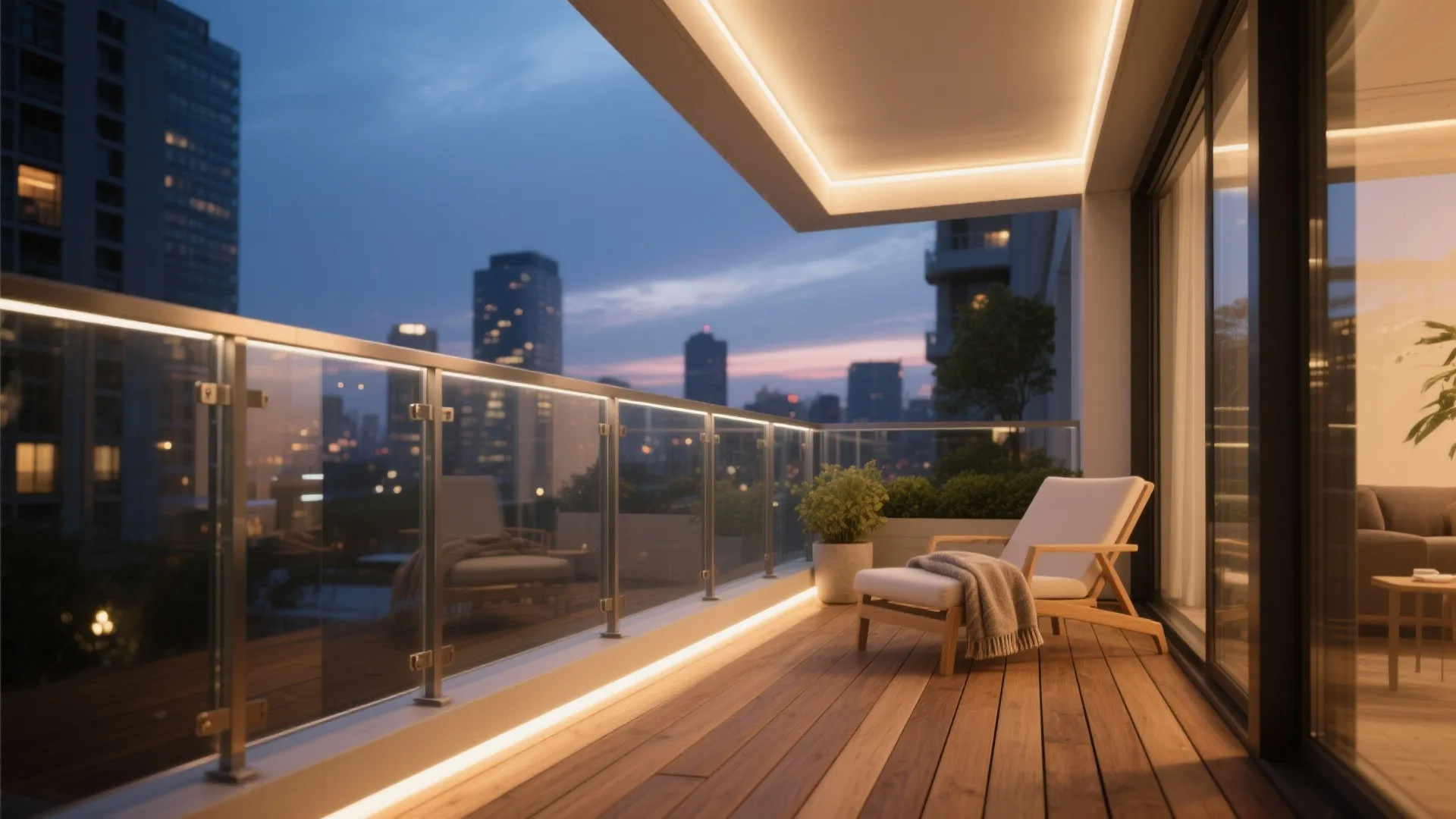 Modern balcony with glass railing led lights wooden deck white chair and beautiful city view