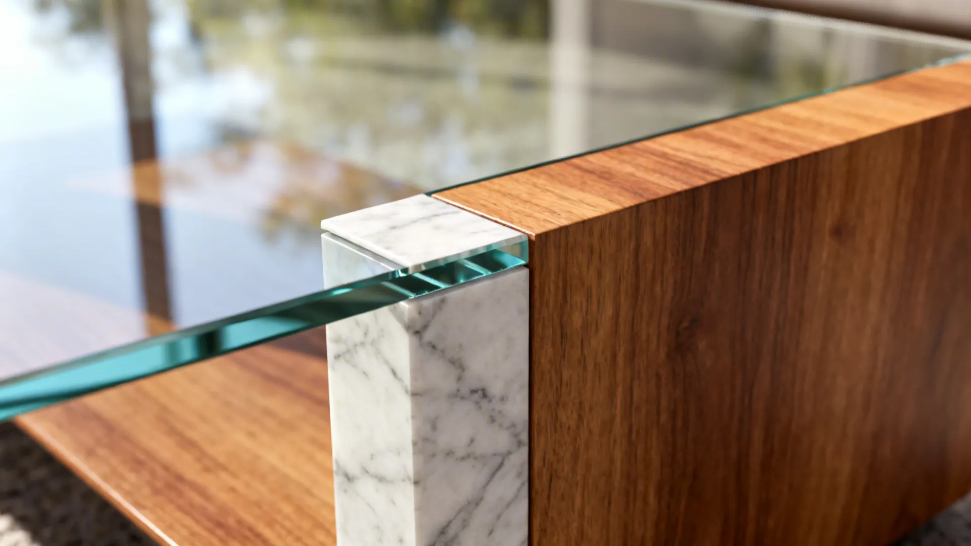 Close-up of glass top meeting a wood and marble base showing material contrast.