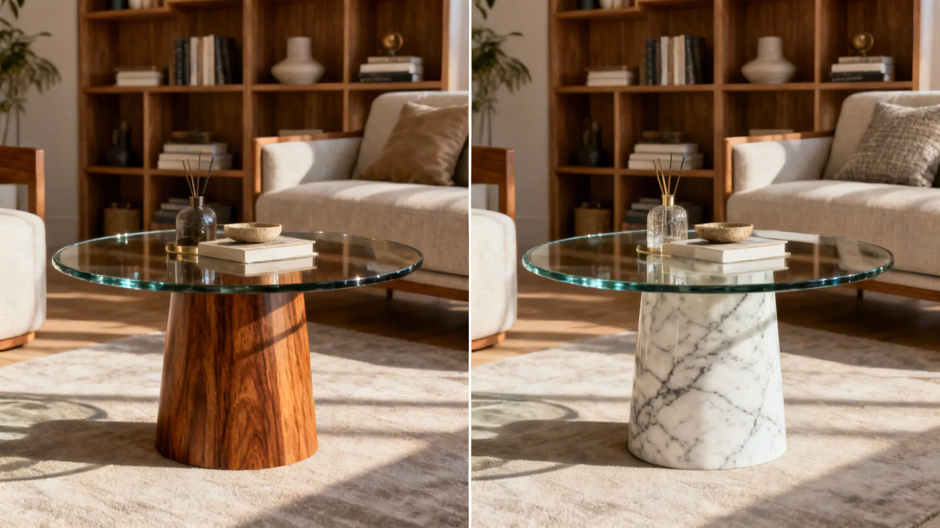 Side-by-side view of glass top tables with a warm wood base and a marble base in small living room scenes.