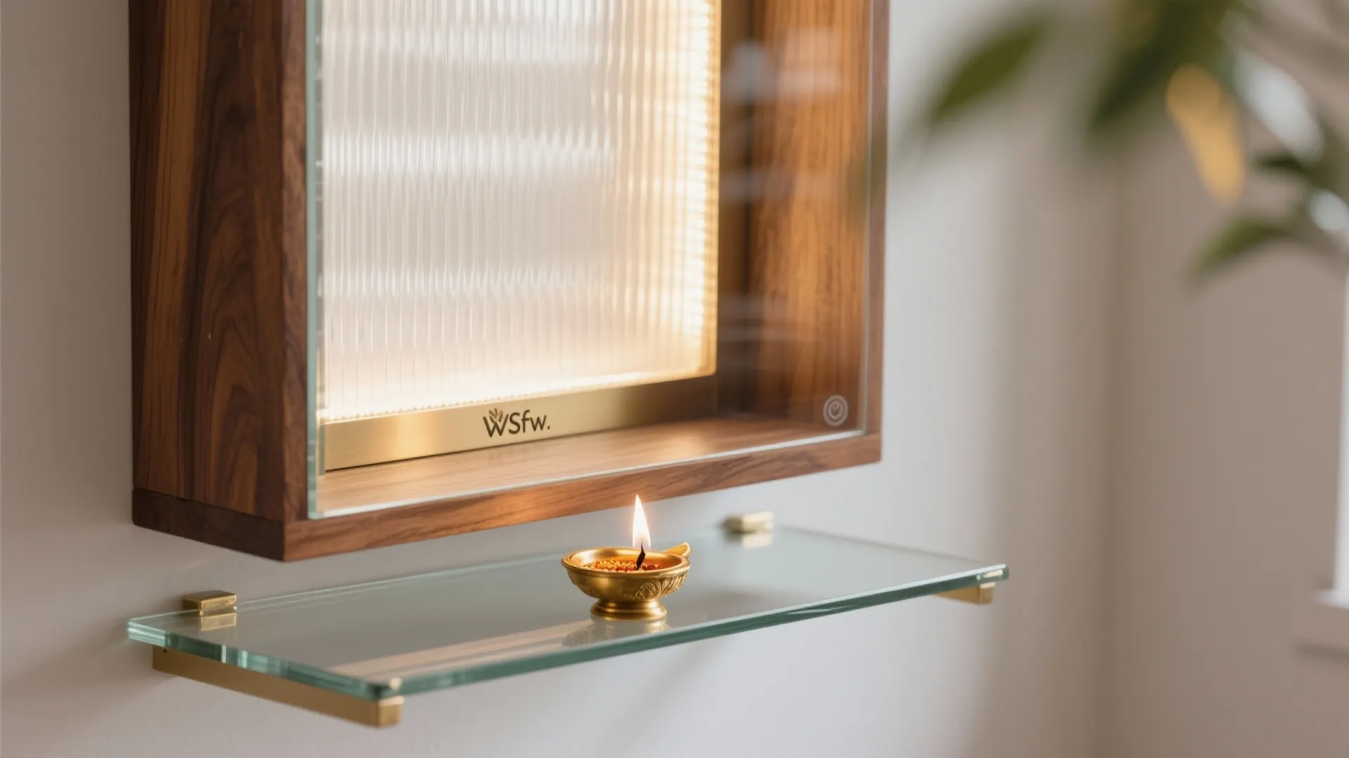Wooden wall cabinet with glass shelf holding a small gold oil lamp with lit flame