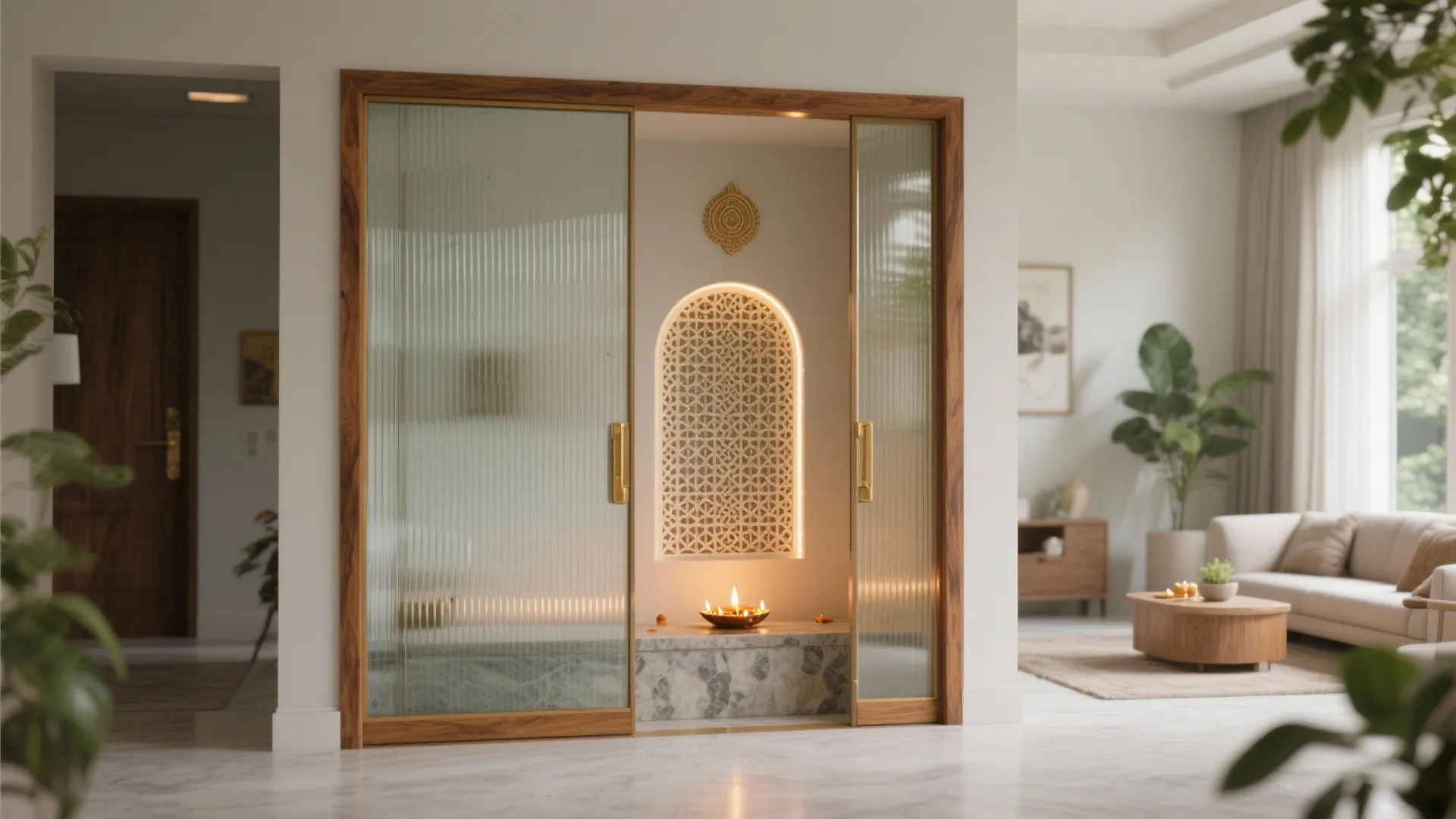 Glass-and-Wood Partition Pooja Nook
