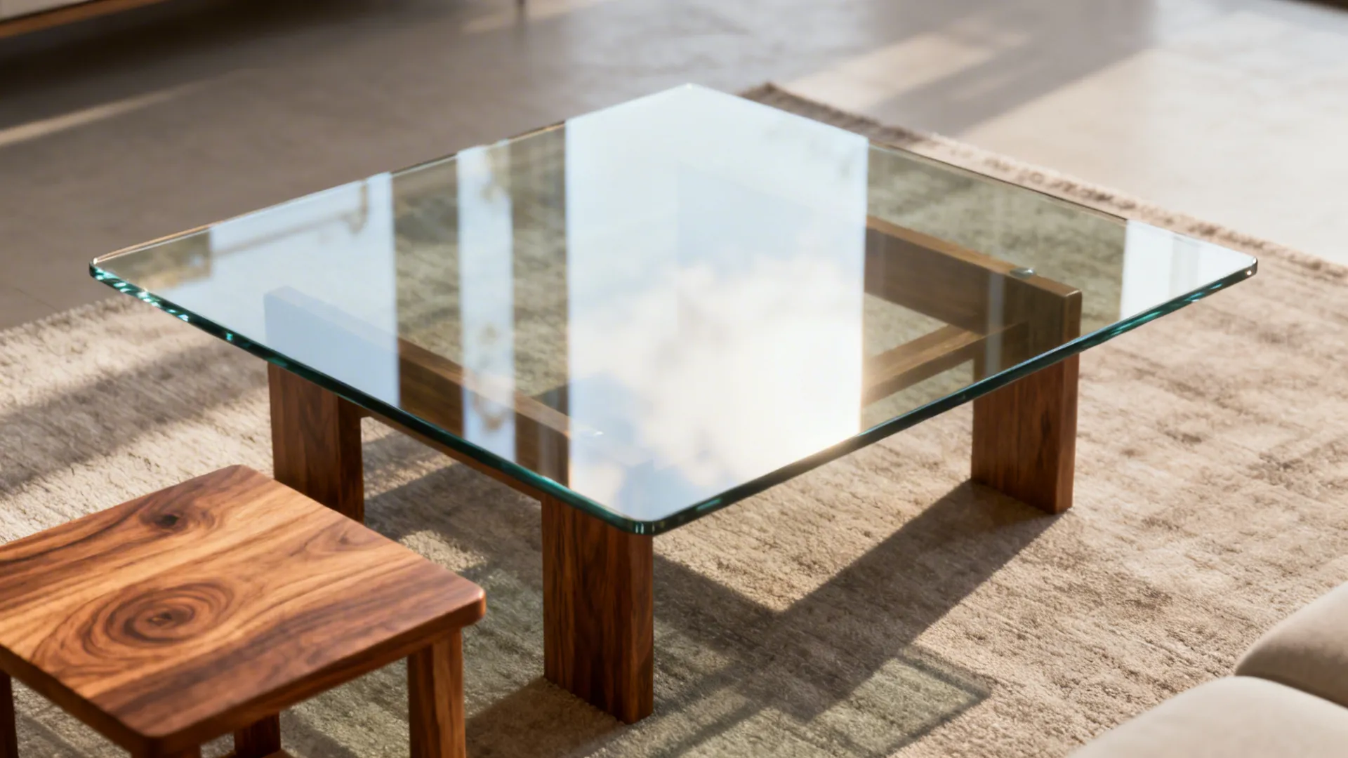 Glass-top coffee table and wooden side table creating an airy living room feel