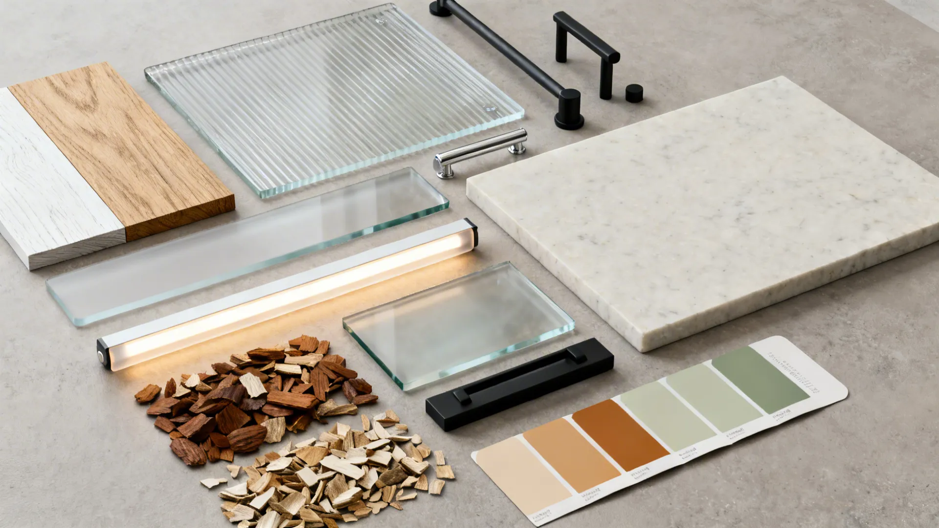Flat lay of reeded, frosted, clear glass with oak, hardware, and quartz samples.