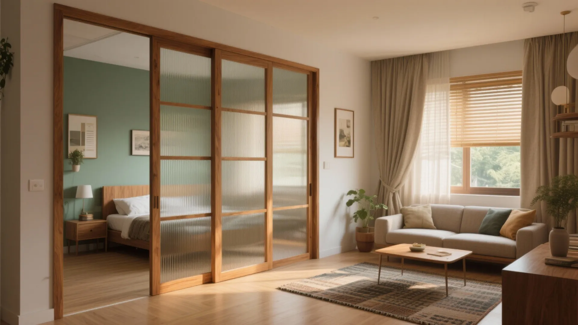 Glass-and-wood partition to borrow light