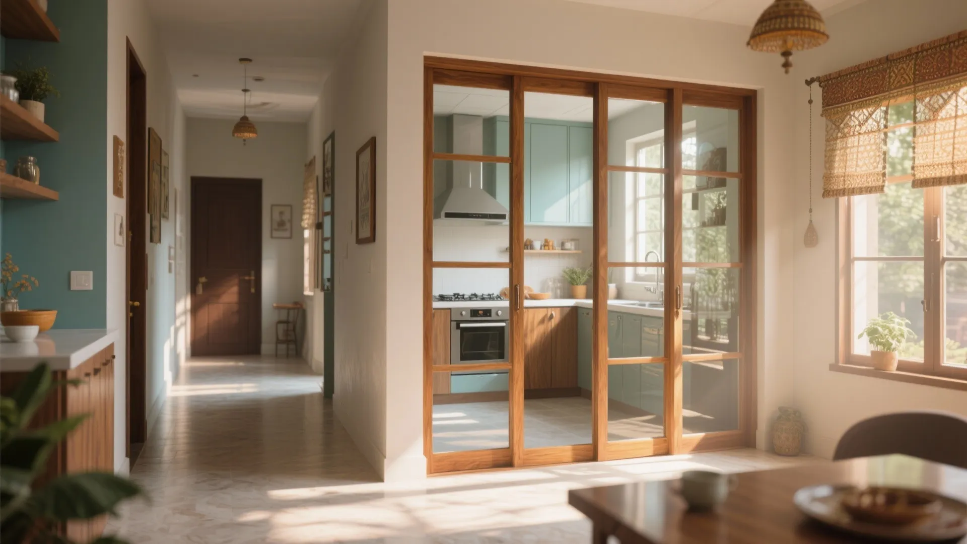 Bright hallway showing glass wood sliding doors that separate the kitchen from the dining area