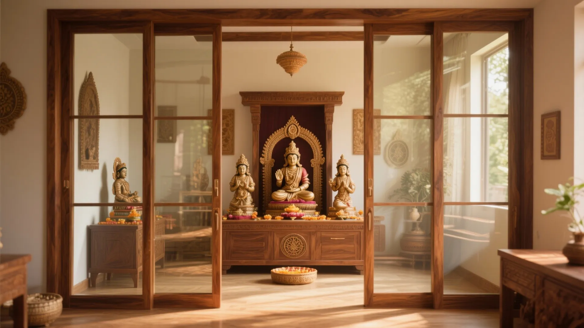 Traditional prayer area with carved wooden cabinet and glass doors showing multiple gold religious statues